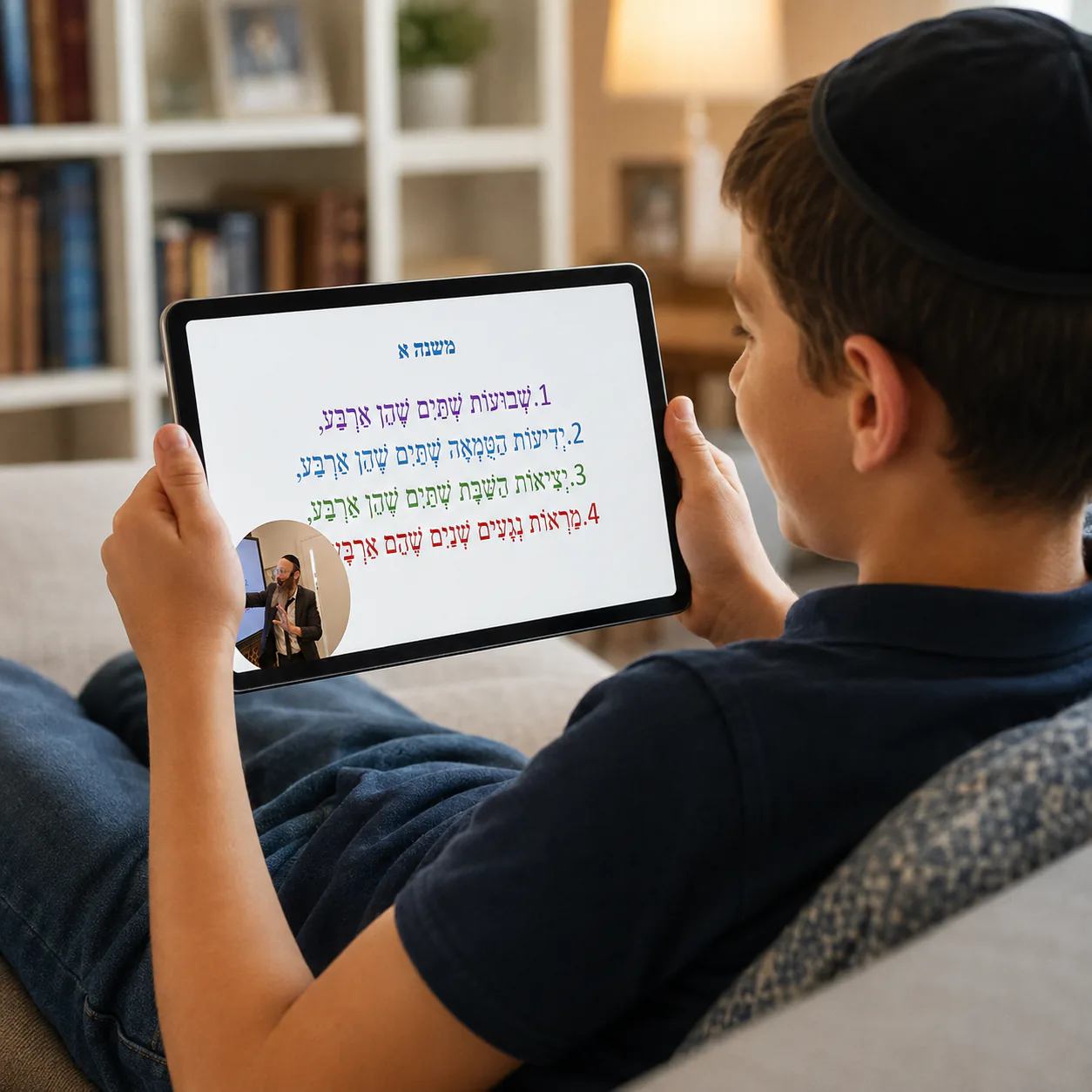 A child learning Mishnayos independently on a tablet in a comfortable living room